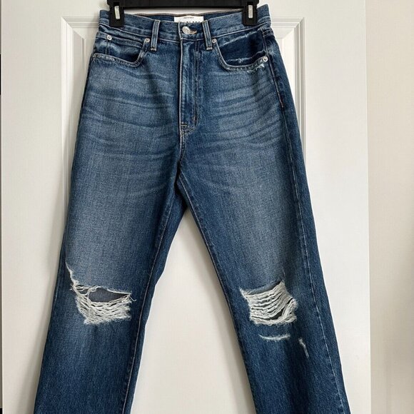 Women's SLVRLAKE London Crop Ripped Straight Leg Jeans in Dark Wash Size 26